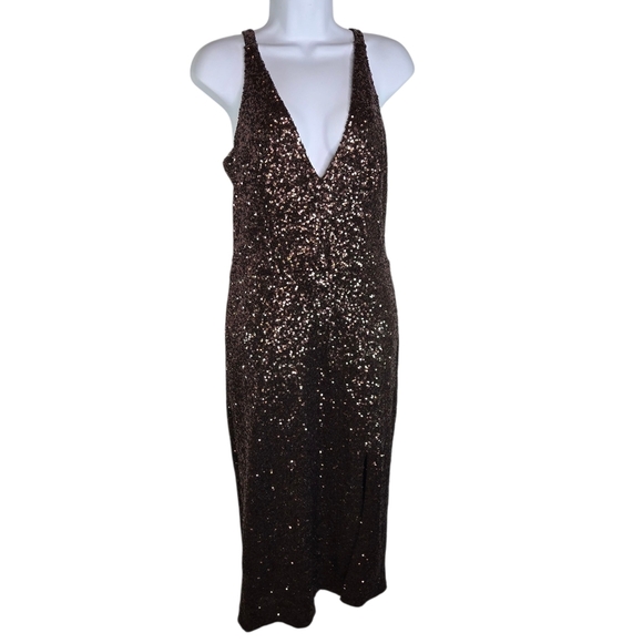 Dress The Population Deep Plunge Brown Bronze Sequin Cocktail Dress - Picture 1 of 7